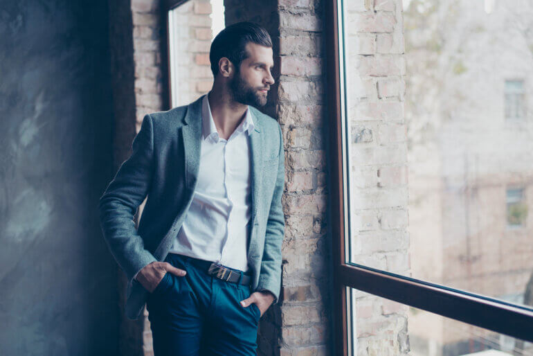 Success,Concept.,Stylish,Young,Bearded,Man,Is,Standing,Near,The