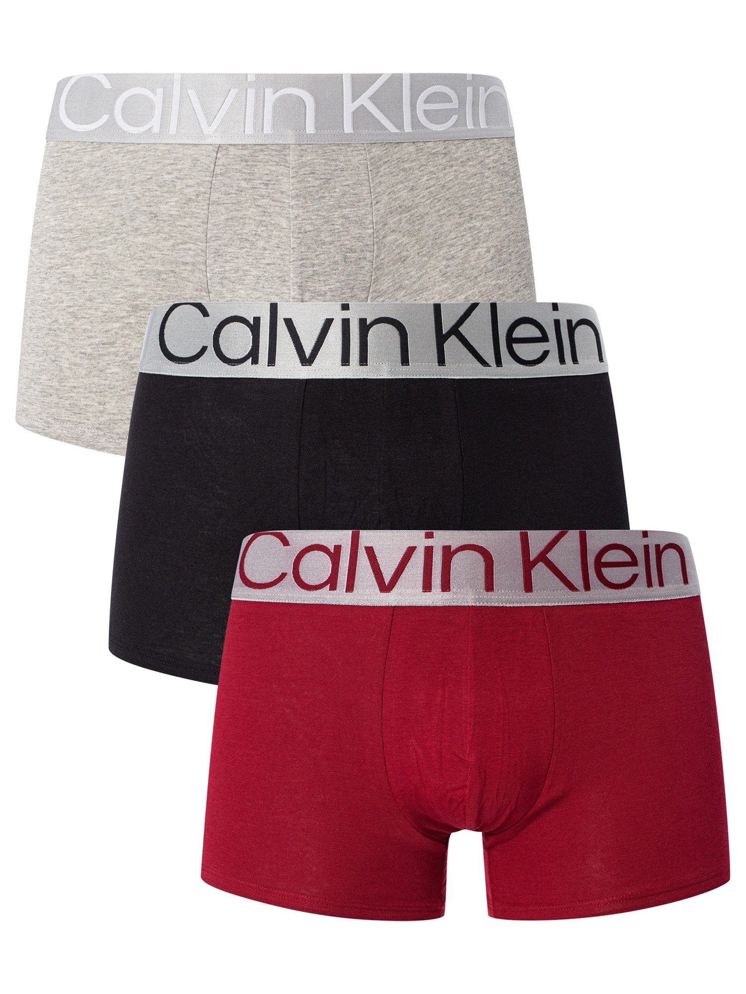 Calvin Klein 3 Pack Reconsidered Steel Trunks - Red Carpet/Black/Grey  Heather | Standout