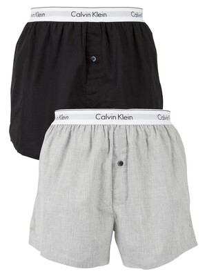 Calvin Klein 2 Pack Logo Slim Fit Woven Boxers - Black/Grey Heather