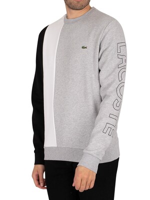 Lacoste Lettered Colourblock Fleece Sweatshirt - Grey Chine / White / Black