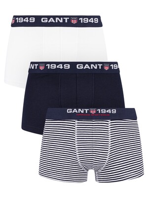 GANT 3 Pack Essentials Trunks - White/Black/Stripe