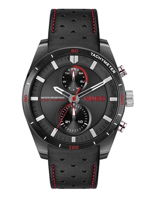 HUGO Fast Multifunction Leather Strap Watch - Black