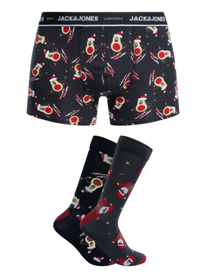 Jack & Jones Xmas Avocado Trunks & 2 Pack Socks Gift Box - Dark Navy/Forest River