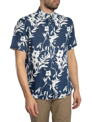 Tommy Hilfiger Linen Tropical Print Short Sleeved Shirt - Night Sky/Ivory Silk