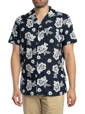 Tommy Jeans Regular Slub AOP Short Sleeved Shirt - Dark Night Navy Bandana