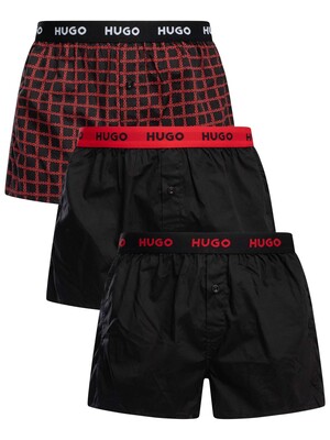 HUGO 3 Pack Woven Trunks - Black/Red
