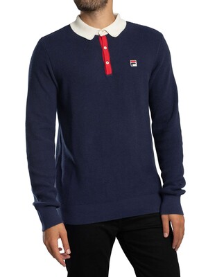 Fila Nowell Waffle Knitted Longsleeved Polo Shirt - Navy/Gardenia/Red