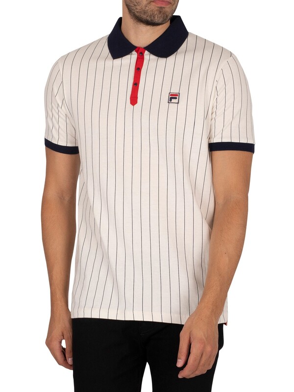 Fila Classic Vintage Striped Polo Shirt - Whisper White/Peacoat/Chinese Red