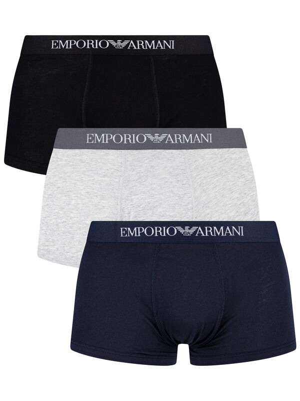 Emporio Armani 3 Pack Pure Cotton Trunks - Marine/Grey Melange/Black