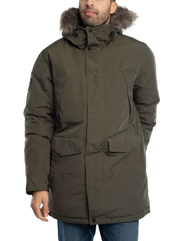 Superdry Everest Faux Fur Parka Jacket - Army Khaki Green